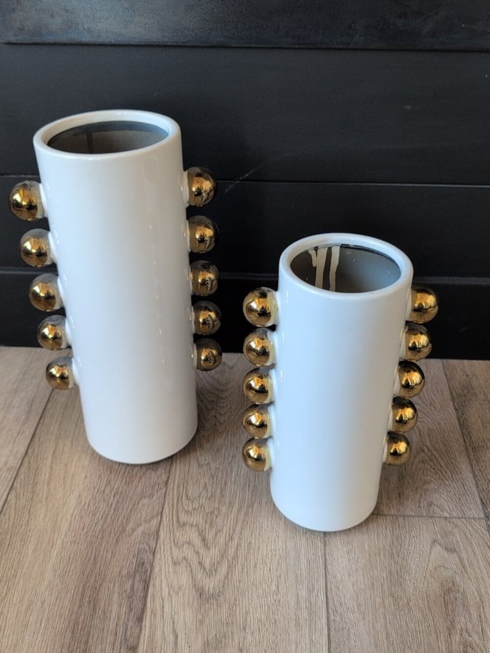 Set Of 2 Ceramic White Cylindrical Decorative Vases With Gold Accents - Picture 1 of 8